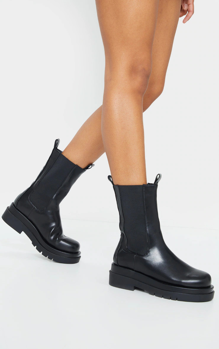 Black Calf High Chunky Chelsea Boot | PrettyLittleThing US