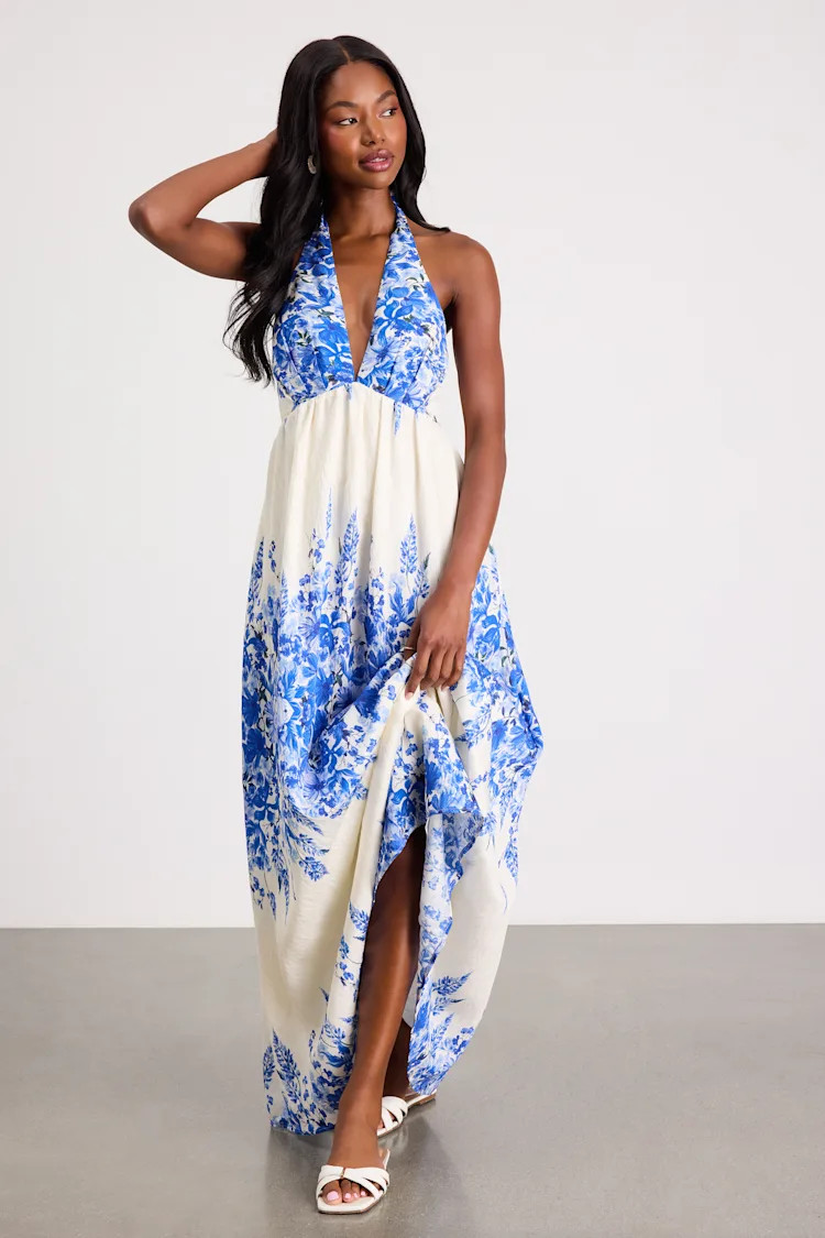 Leona Ivory and Blue Floral Halter Maxi Dress | lulus vacation  | Lulus