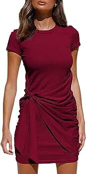 BTFBM Women Crew Neck Short Sleeve Ruched Bodycon T Shirt Dress Casual Tie Waist Plain Sun Beach ... | Amazon (US)