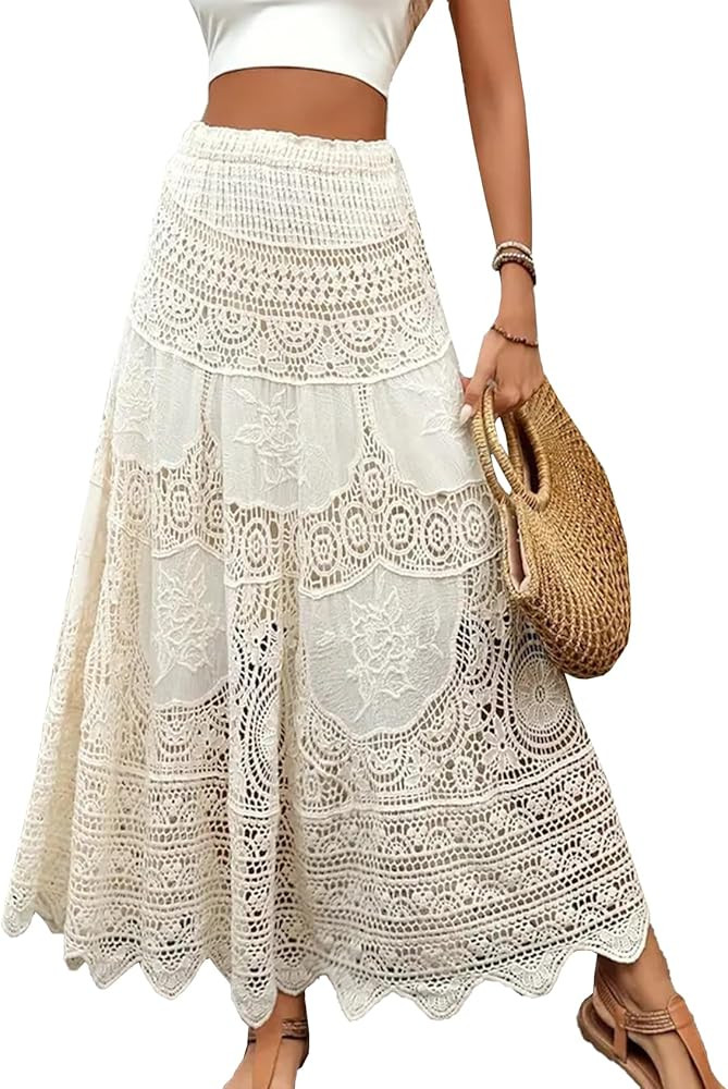 Women's Crochet Skirt High Waist Maxi Stretchy Boho Hollow Out Flowy Lace Skirts | Amazon (US)