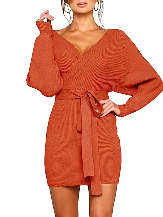 Yacooh Women's Sexy V Neck Wrap Tie Waist Long Sleeve Mini Pencil Bodycon Sweater Dress | Amazon (US)