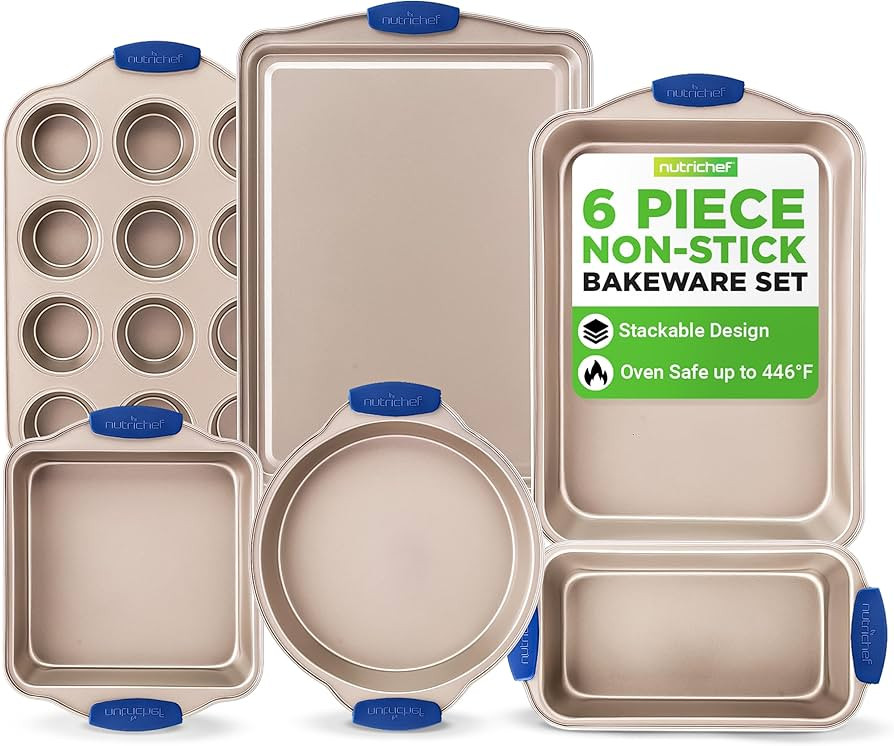 NutriChef 6-Piece Nonstick Bakeware Set - Premium Carbon Steel Baking Trays w/Heat-Safe Silicone ... | Amazon (US)