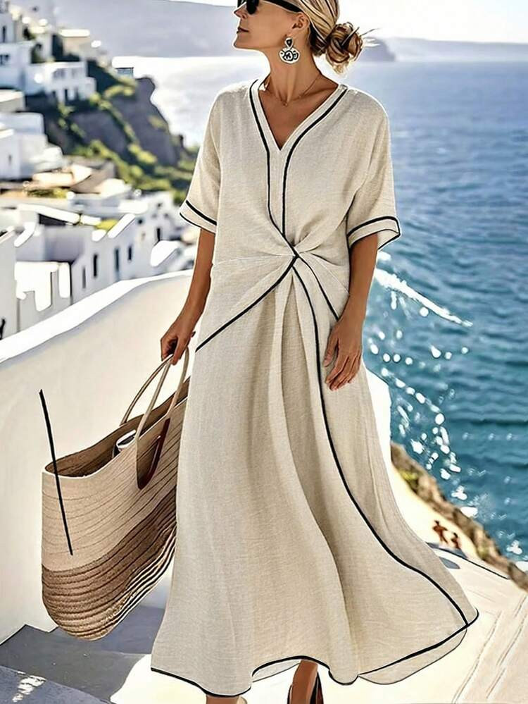 Louniche Apricot Short Sleeve Dress With Black Contrast Trim, Spring/Summer Vacation Wear | SHEIN