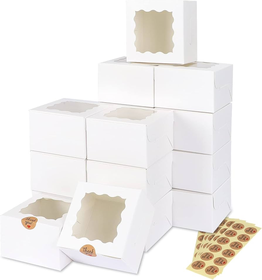 Moretoes 50pcs White Cookie Boxes with Window, 4x4x2.5 Inches Bakery Boxes with 5pcs Stickers for... | Amazon (US)
