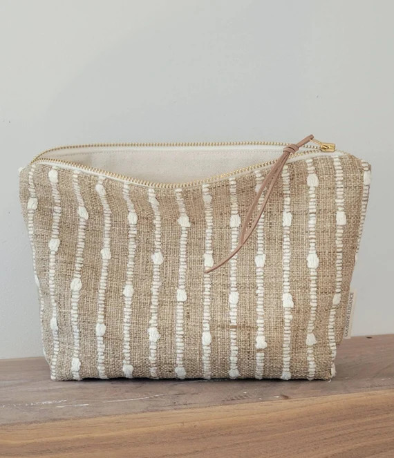 Boho Textured Makeup Bag Woven Cosmetic Bag White Stripe | Etsy | Etsy (US)