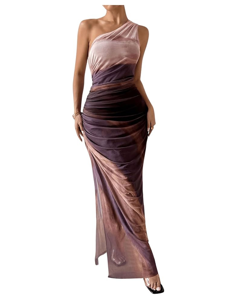 WDIRARA Women's One Shoulder Mesh Ruched Maxi Dress Tie Dye High Slit Bodycon Dresses | Amazon (US)
