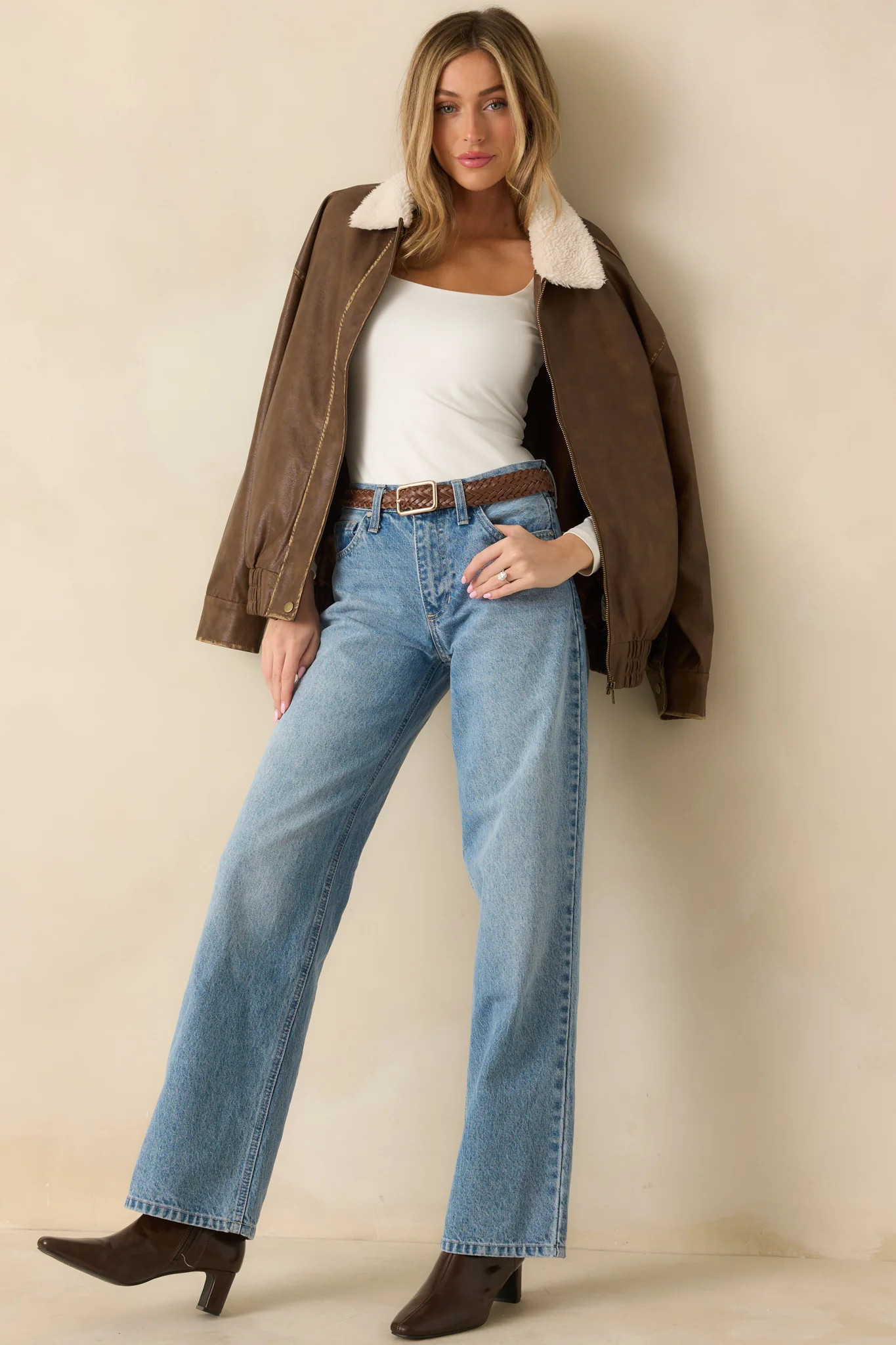 Fly Right Cognac Brown Faux Leather Bomber Jacket | Red Dress