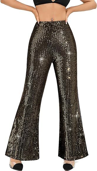 YHYJMY Womens High Waist Wide Leg Sparkle Sequin Bling Glitter Elastic Loose Flare Bell Bottom Sh... | Amazon (US)