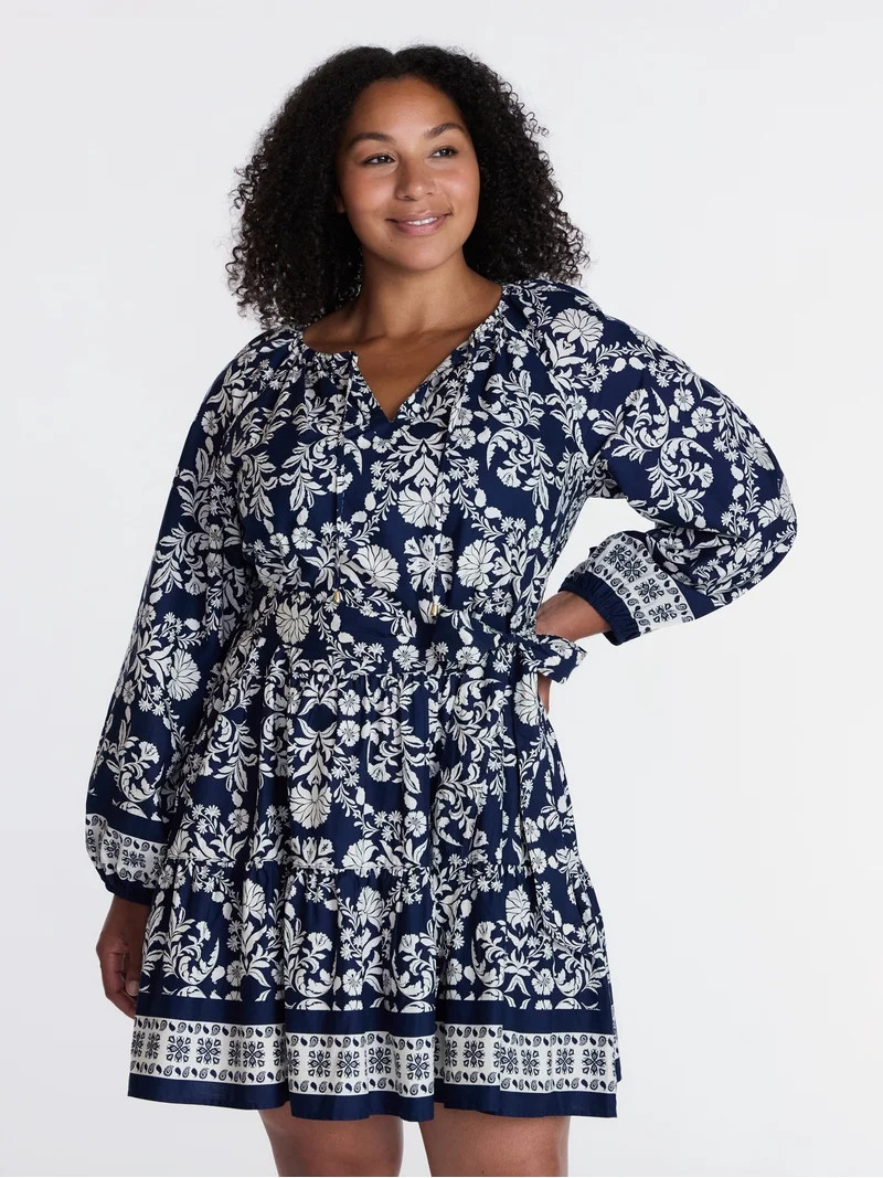Time and Tru Women's and Women\u2019s Plus Tie Neck Mini Peasant Dress, Sizes XS \u2013 4X | Walmart (US)