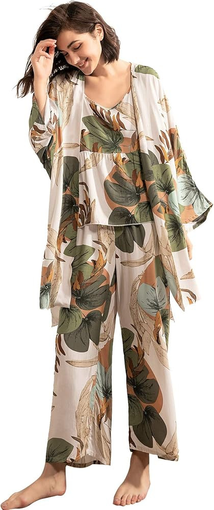 WDIRARA Women's 3 pcs Sleepwear Leaf Print Cami and Pants Pajama Set with Robe | Amazon (US)