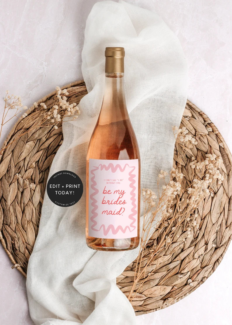 Bridesmaid Proposal Template, Wine Label, Pink Red, Hand Drawn, Bridesmaid Proposal, Maid of Hono... | Etsy (US)