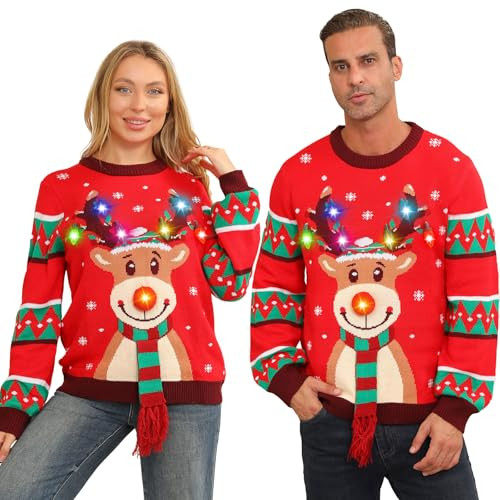Ugly Christmas Sweater Women Men,Light Up Christmas Sweater for Couples,Funny Cute Reindeer LED X... | Amazon (US)