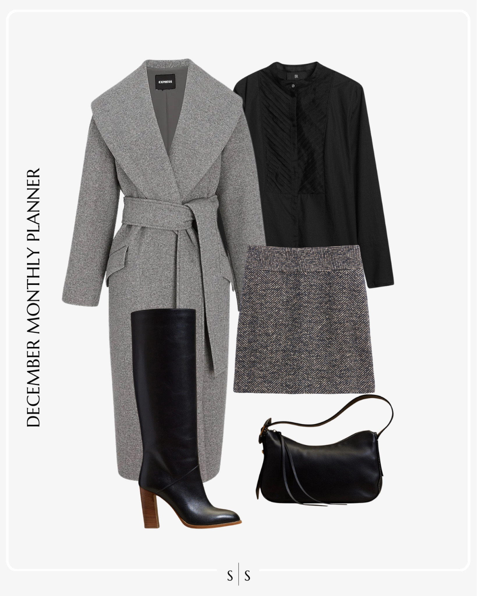 Monthly outfit planner: DECEMBER: Winter looks | grey topcoat, black blouse, houndstooth mini skirt, knee high black boot, sling bag, workwear, date night

See the entire calendar on thesarahstories.com ✨ 

#LTKworkwear #LTKstyletip