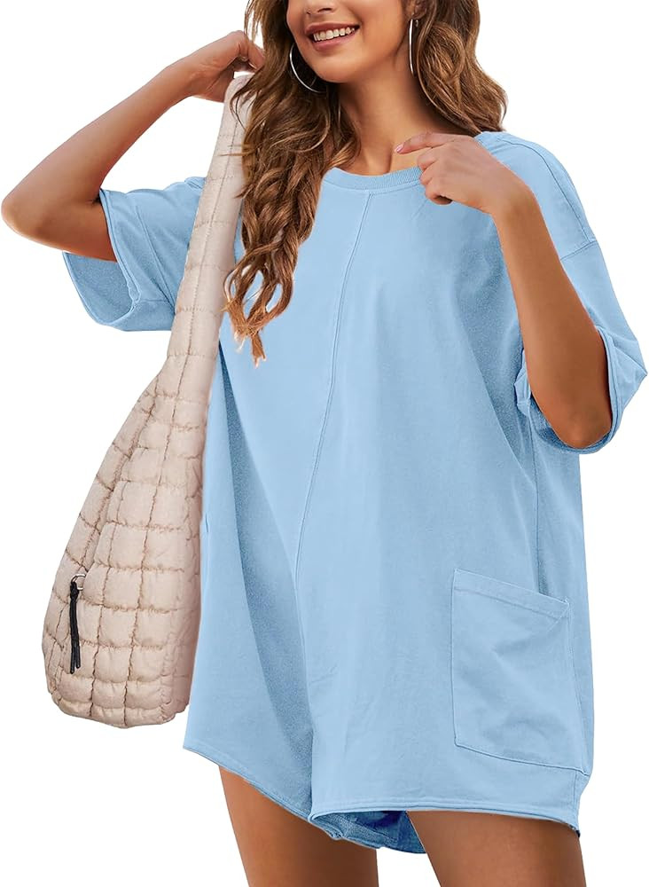 Women's Oversized Tee Rompers Hot Shot One Piece Short Sleeve Backless Jumpsuits V Neck Shorts Ov... | Amazon (US)