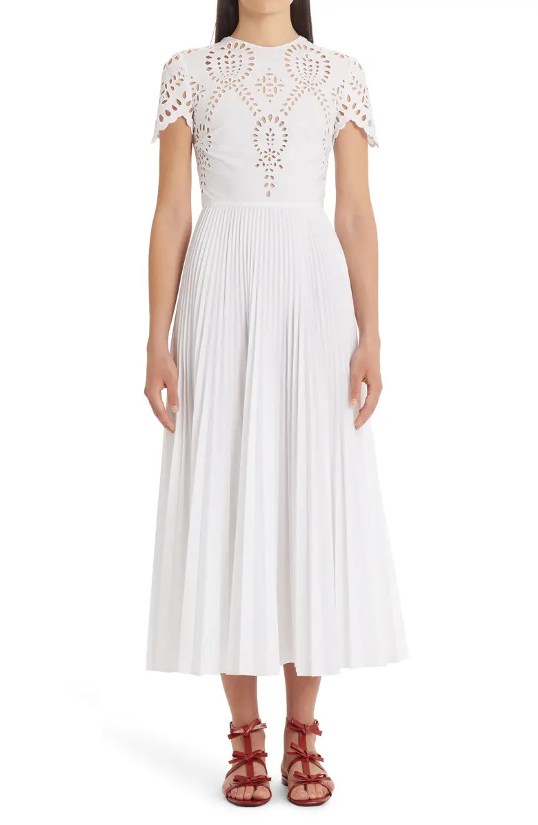 Valentino Broderie Anglaise Pleated Cotton Blend Midi Dress | Nordstrom | Nordstrom