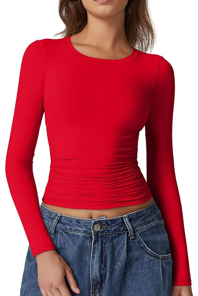 QINSEN Womens Crewneck Long Sleeve Shirt Double Lined Basic Tees Side Ruched Going Out Crop Tops | Amazon (US)