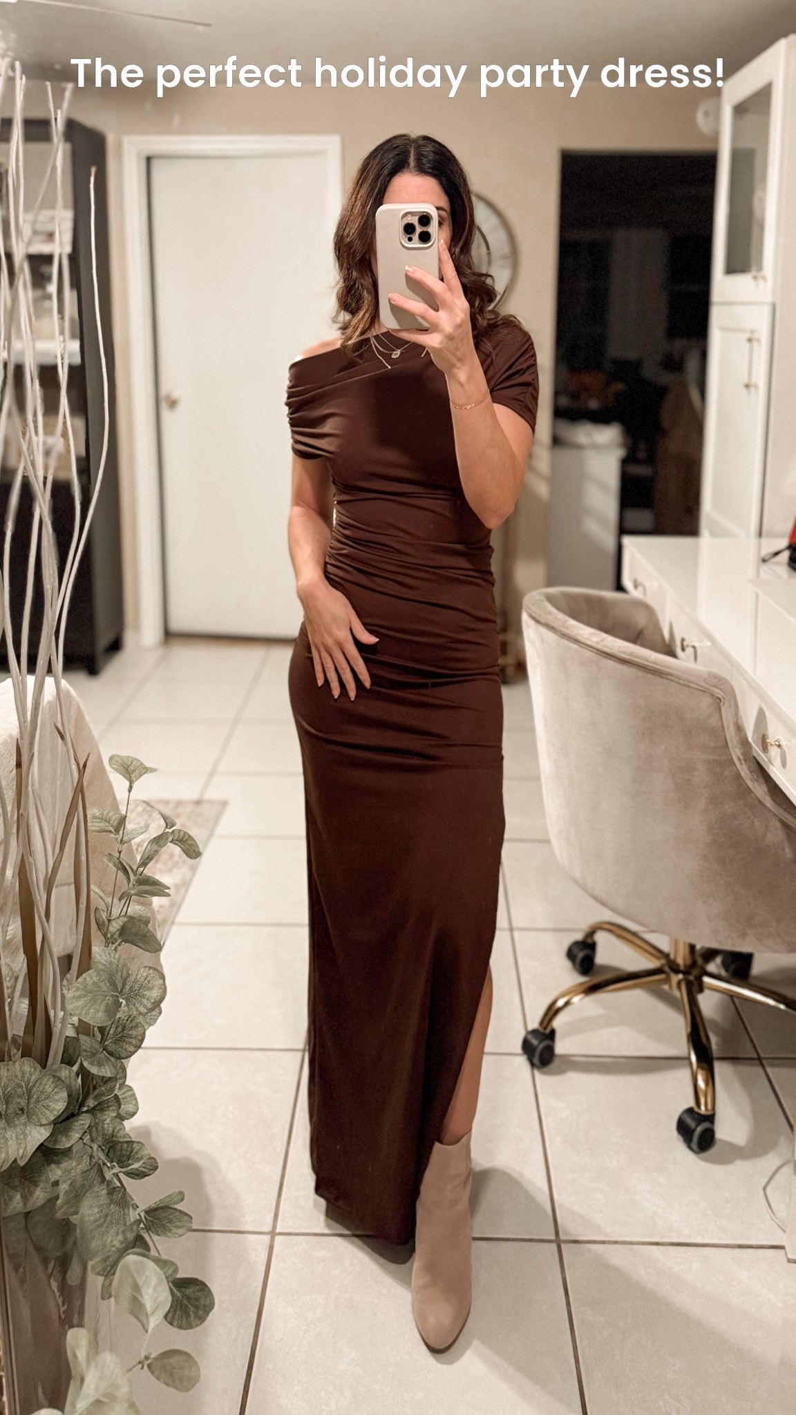 The perfect dress for a holiday party! 🤎 I love the silhouette, ruched fabric at the waist, slit on the side and asymmetrical off the shoulder. It’s so flattering and comes in other colors! Highly recommend!

#LTKFindsUnder50 #LTKHoliday #LTKootd