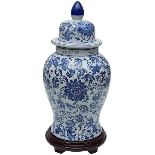 Handmade 24" Floral Blue and White Porcelain Temple Jar | Bed Bath & Beyond