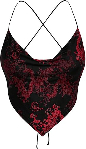 MakeMeChic Women's Dragon Graphic Halter Crop Tops Criss Cross Lace Up Y2k Tank | Amazon (US)