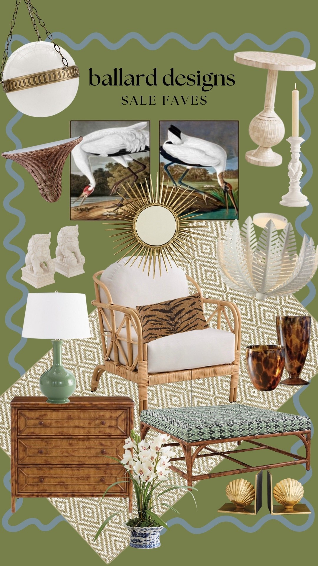 Ballard Designs sale, Cyberweek sales, home decor sale, furniture sale, Sisal rug, faux bamboo chest, bamboo chair, tiger pillow, tortoise vase, palm ceiling light, green lamp, green ottoman, bamboo ottoman, bird art, rattan wall shelf, foo dog, palm beach chic, brass pendant, bone inlay table, faux orchid 

#LTKCyberWeek #LTKHome #LTKSaleAlert