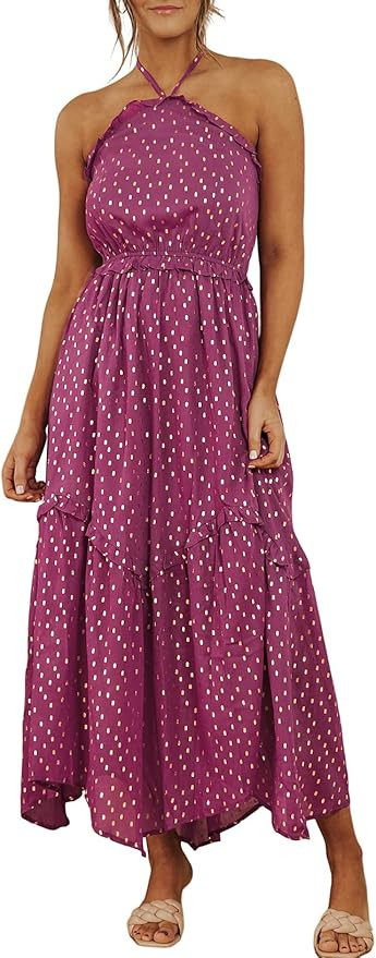 BLENCOT Womens Halter Neck Sleeveless Dresses Ruched Sun Dress Backless Flowy Ruffle Long Boho Dr... | Amazon (US)