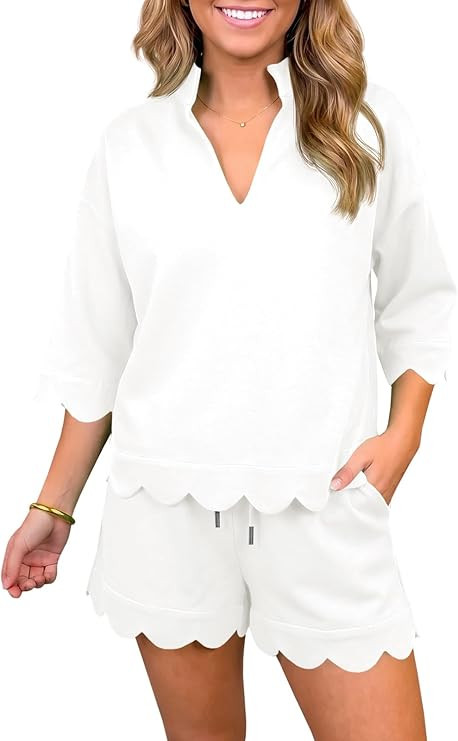Fisoew Women 2 Piece Shorts Sets 3/4 Sleeve Sweatshirts Casual Lounge Sets | V Neck, Scalloped He... | Amazon (US)