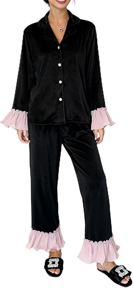 Kasual Women's Fleece Pajama Sets Long Sleeve Button Down Sleepwear Top and Long Pants Set Soft R... | Amazon (US)