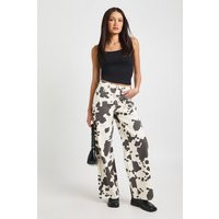 boohoo Women's Cow Print High Waist Wide Leg Jean in Ecru | Size: 2 | Woven | boohoo (US & Canada)