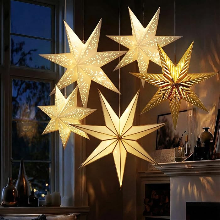 Baquler 5 Pcs Christmas Paper Star Lanterns 29.5 In 27.5 In 23.6 In 18.9 In Large Star Paper Lant... | Amazon (US)