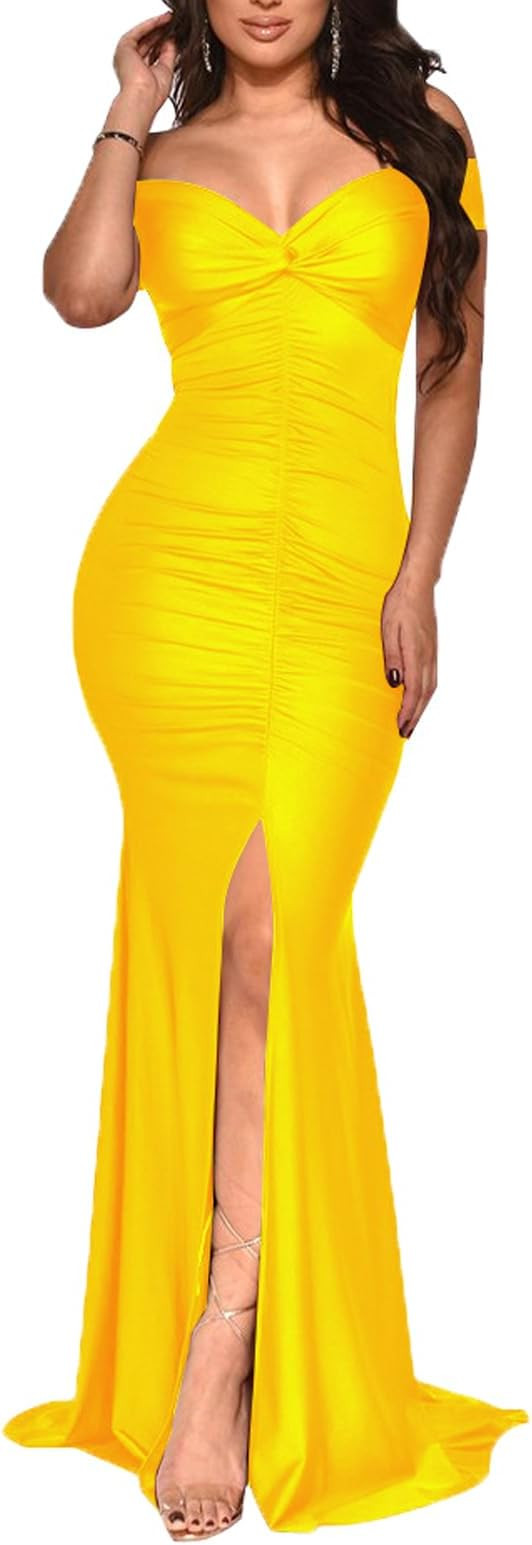 KELYWELL Womens Off Shoulder V Neck Ruched Maxi Dress High Split Formal Party Gown Nigh Club Dres... | Amazon (US)