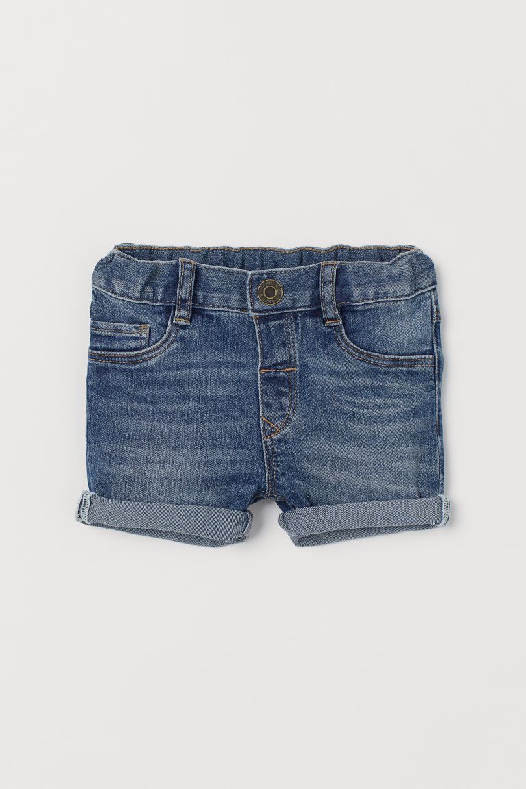 Shorts in washed stretch denim. Adjustable elasticized waistband and fly with button. Mock front ... | H&M (US)