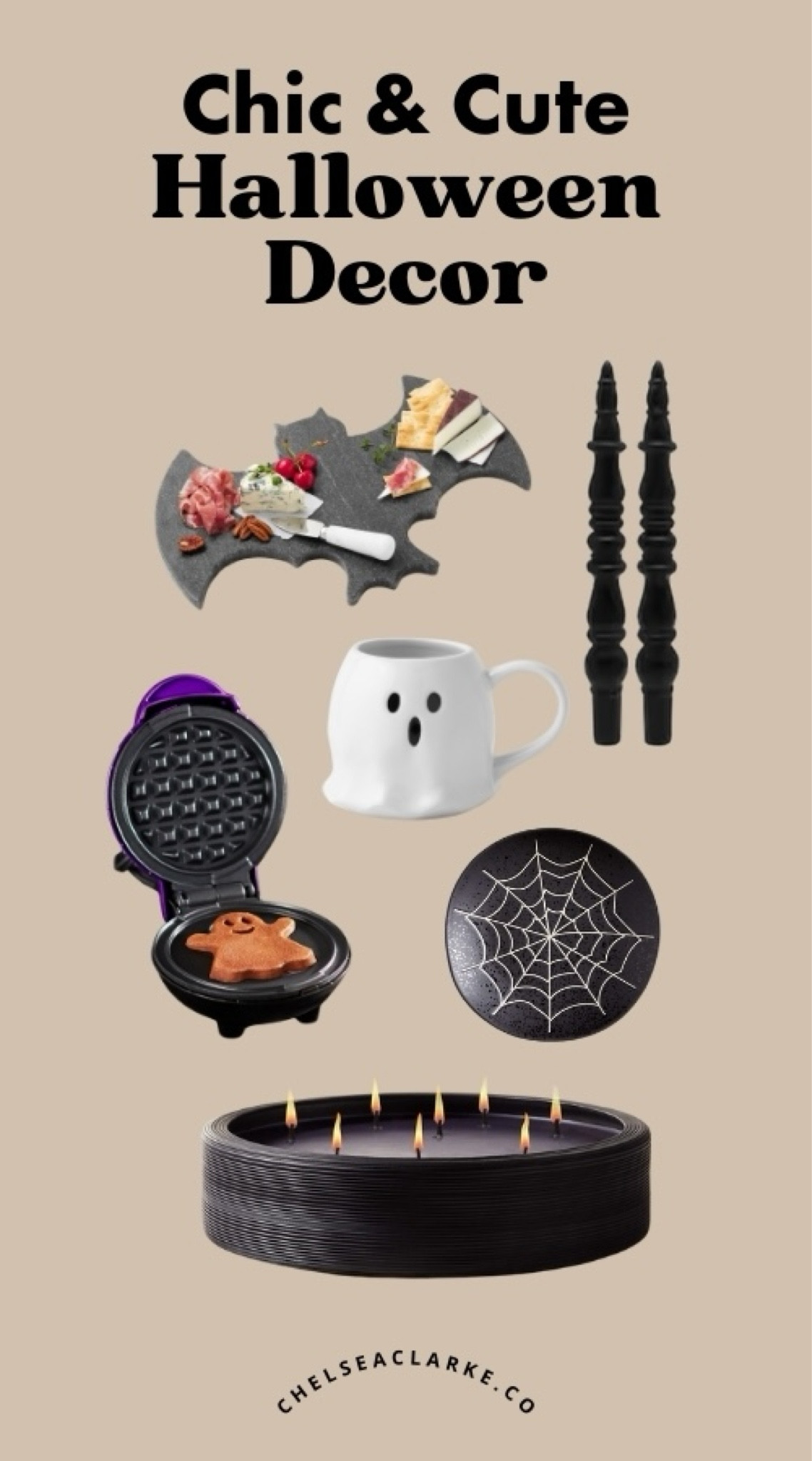 Cute Halloween Decor: Fun halloween decorating, chic Halloween decor ideas, bat shaped charcuterie board, spider web plates, ghost waffle maker, black taper candles, ghost mug, flameless candle, halloween decor for the home.

#LTKHome #LTKSeasonal #LTKFallSale