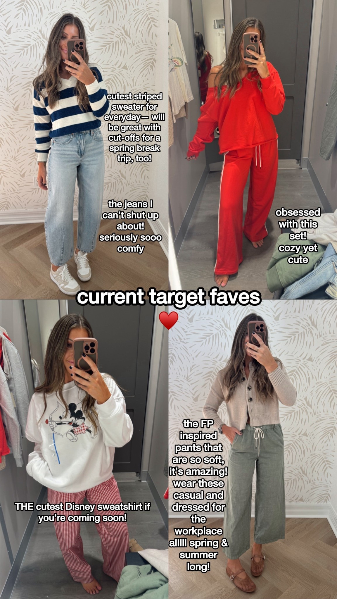 2 jeans (baggy fit - if you want them more fitted you can size down one) // XS sweater // XS sweats // M red top (was all my store had left this day to try on— I own XS though!) // sized up in the Mickey sweatshirt but it was huge (last one at my store!) it’s true to size— up to you how oversized you want it! // XS quince cardigan // XS gingham pants // XS green pants