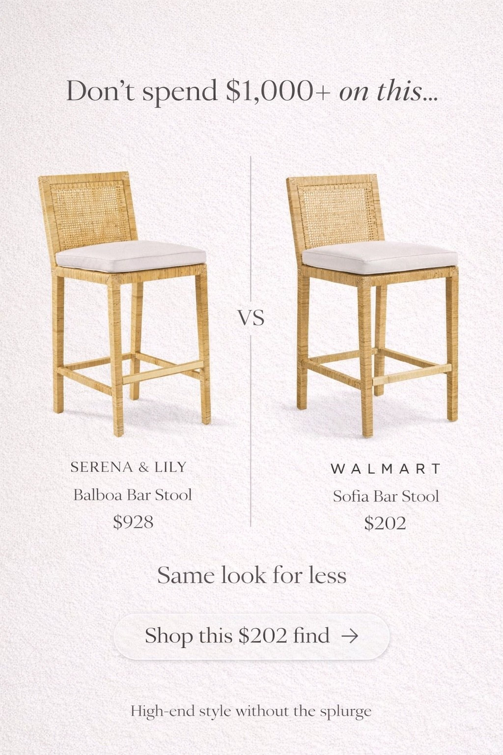 You don’t need to spend $900+ to get this look. I found a Serena & Lily–inspired rattan bar stool that has the same woven texture, clean lines, and neutral cushion for a fraction of the price. It’s such a good option for a kitchen island or bar area if you love that coastal, organic modern look without the designer price tag.