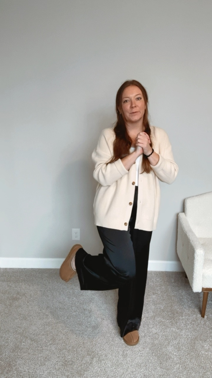 WFH ootd 
Satin wide leg pants / tts wearing a medium 
White bodysuit / tts wearing a medium 
Cream cardigan / fits oversized wearing a small 
Ugh slippers / tts

#LTKWatchNow #LTKFindsUnder50 #LTKWorkwear