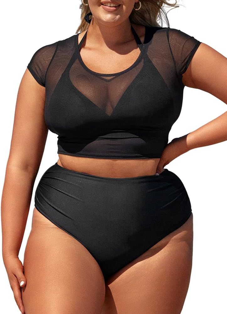 CUPSHE Women Swimsuit Plus Size Bikini Set Three Piece High Waisted Sheer Mesh Top Halter Ruched ... | Amazon (US)