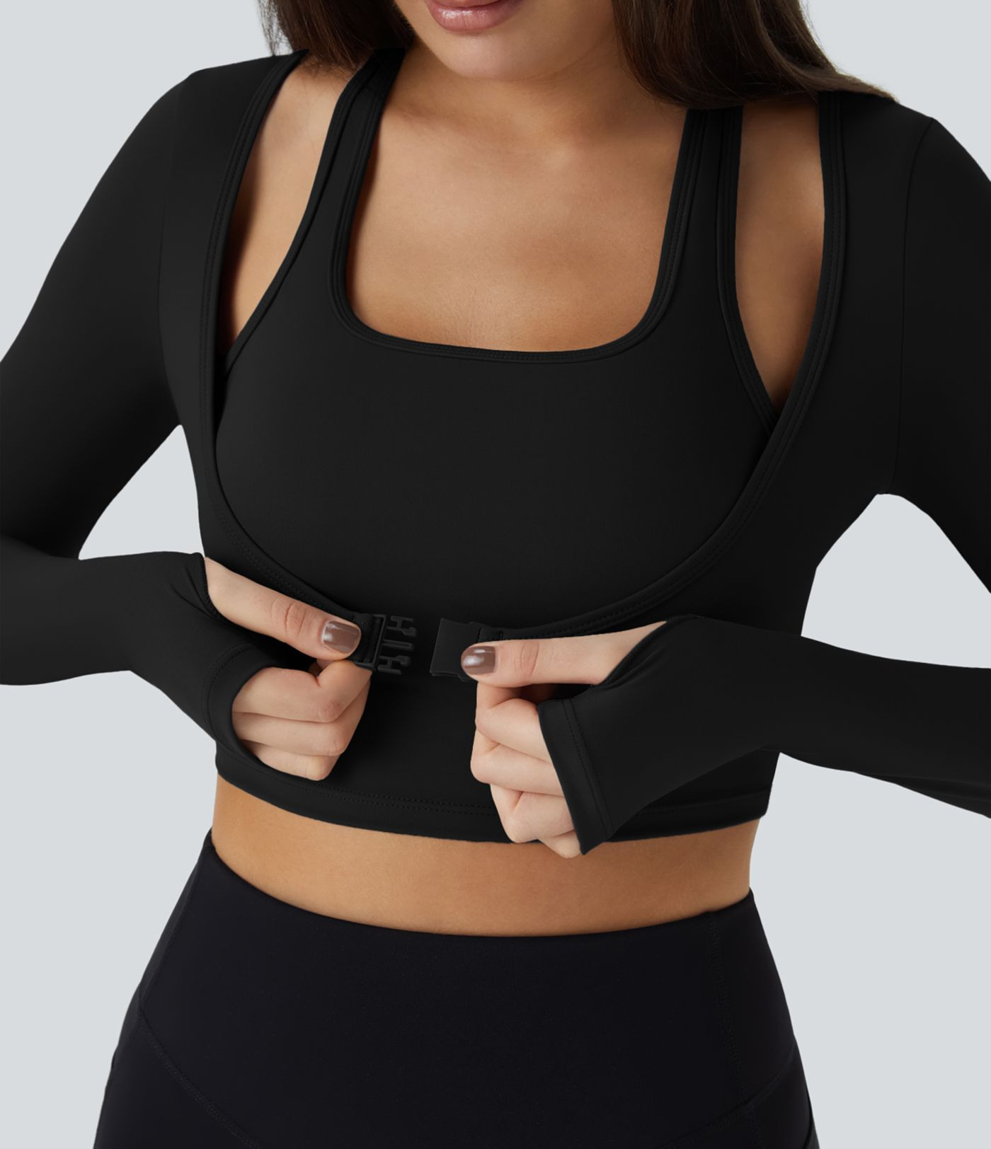 SoftlyZero\u2122 Plush Halter Thumb Hole Long Sleeve Cropped 2-in-1 Yoga Sports Top | HALARA