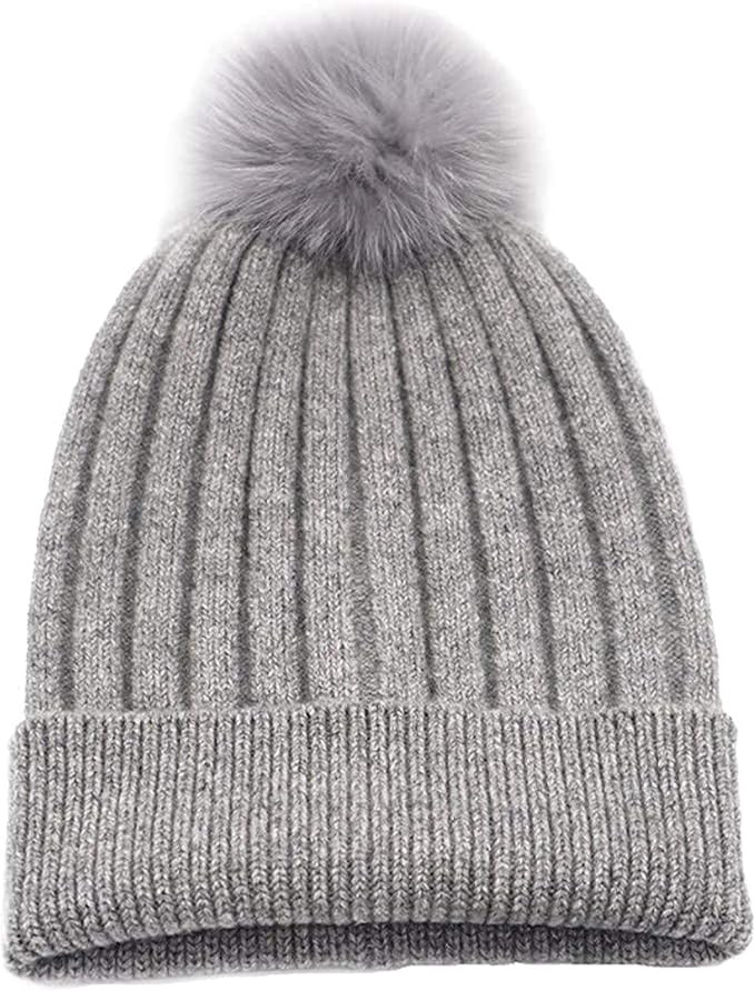 State Cashmere Rabbit Fur Removable Pom-Pom Hat 100% Pure Cashmere Cuffed Beanie Ultimately Soft ... | Amazon (US)