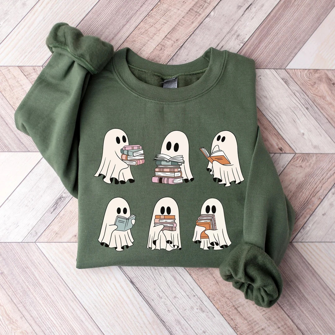 Ghost Reading Books Sweater, Bookish Halloween Sweatshirt, Halloween Teacher Gift, Librarian Hall... | Etsy (US)