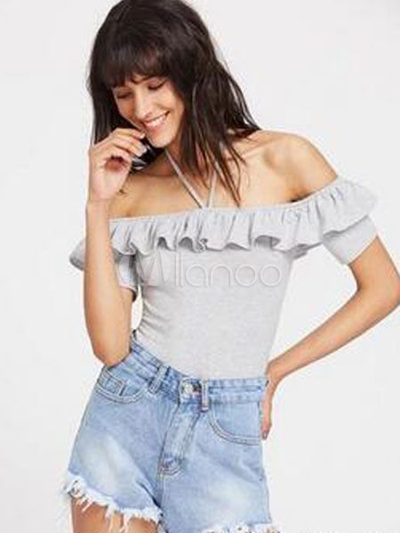 Light Grey Bodysuit Halter Off The Shoulder Short Sleeve Ruffle Cotton Bodysuit For Women | Milanoo