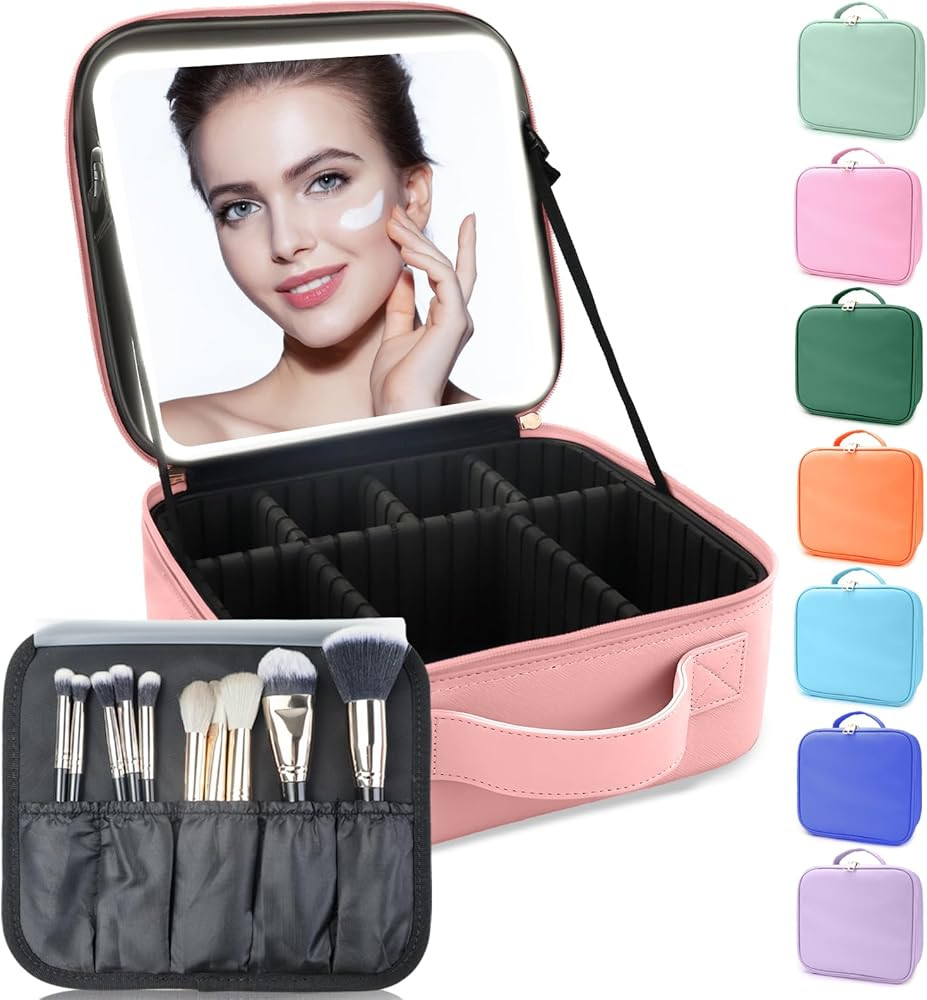 Makeup Bag with Led Mirror,Travel Makeup Organizer with 3 Color Setting, Portable Storage and Adj... | Amazon (US)