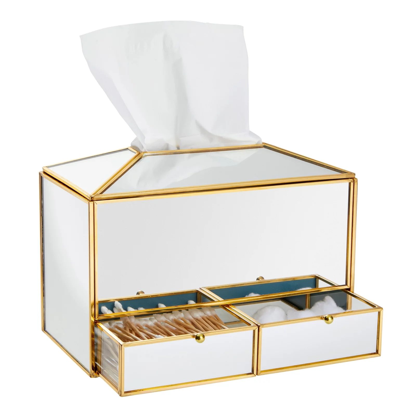 Mirrored Gold Tissue Box Cover with 2 Drawer Compartments, Rectangular Decorative Tissue Box Hold... | Walmart (US)