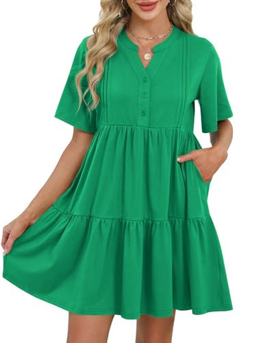 ZAFUL Casual Dresses for Women V Neck Short Sleeves Mini Sundress Green Flowy Beach Vacation Fit and Flare Aline Dress with Pockets L | Amazon (US)