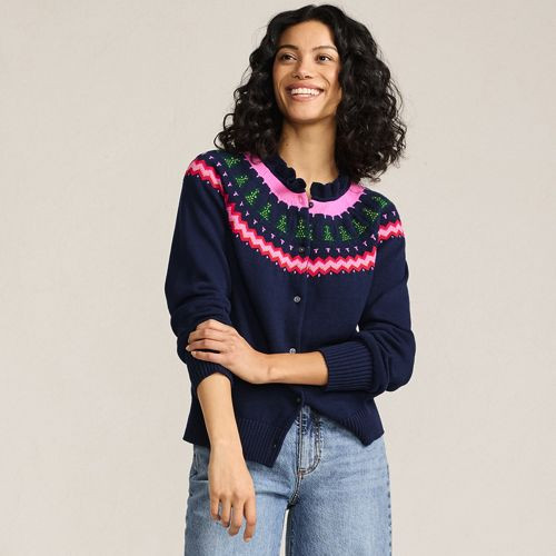 Women's Drifter Lurex Ruffle Neck Jacquard Cardigan Sweater | Lands' End (US)