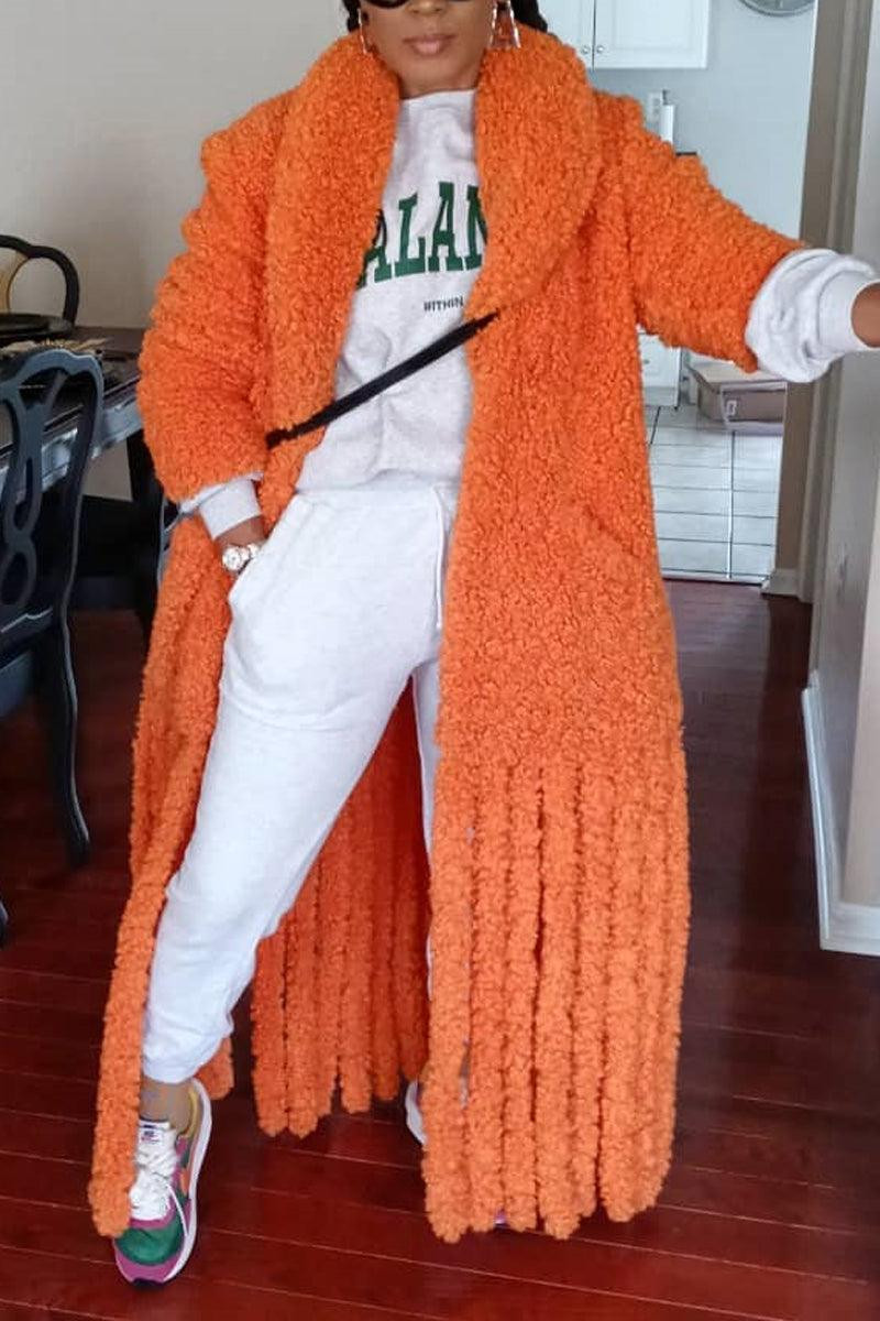 Xpluswear Plus Size Orange Teddy Fringe Solid Winter Ankle Length Outerwear Coat | Xpluswear