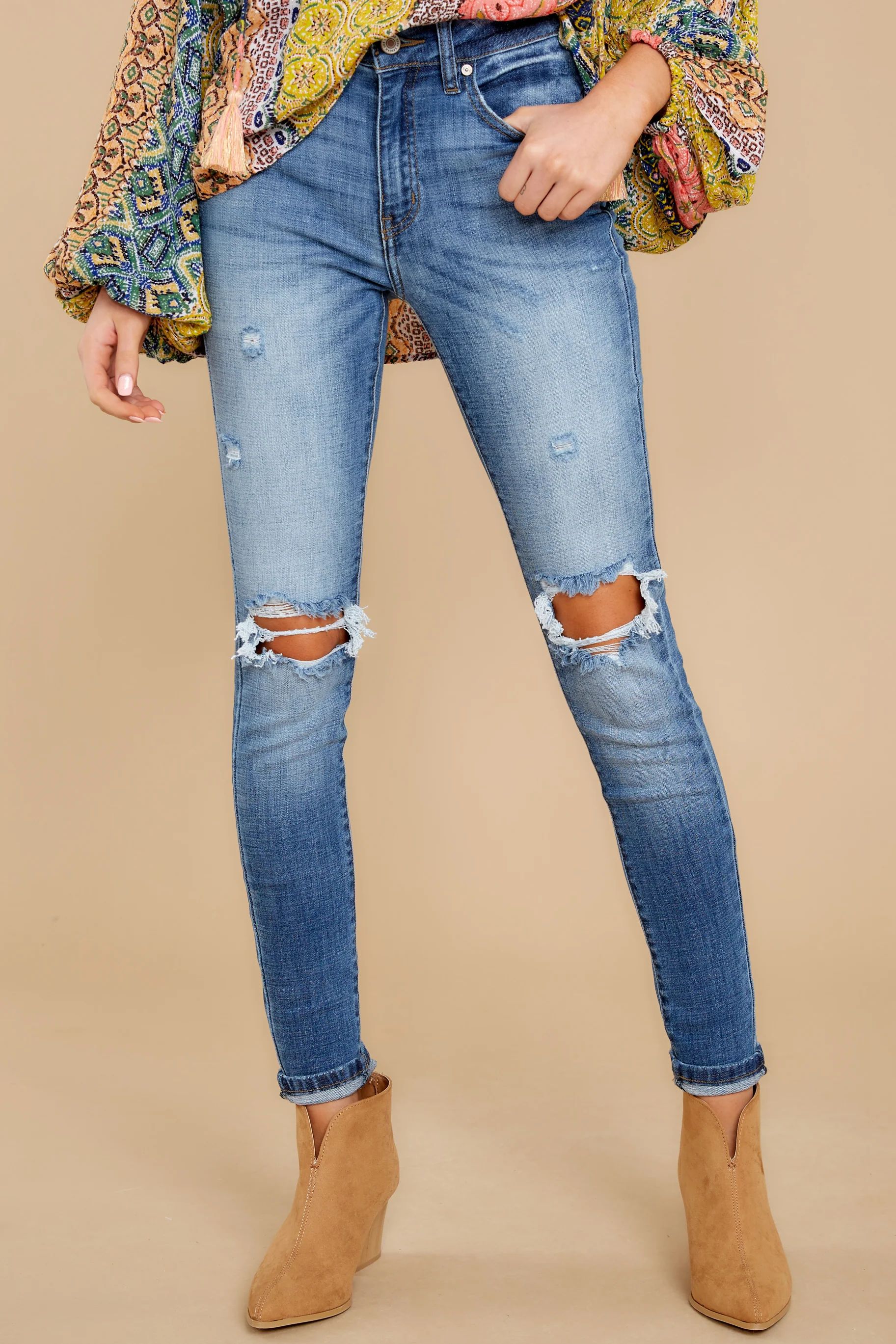 Won't Be Ignored Medium Wash Distressed Skinny Jeans Blue | Red Dress 