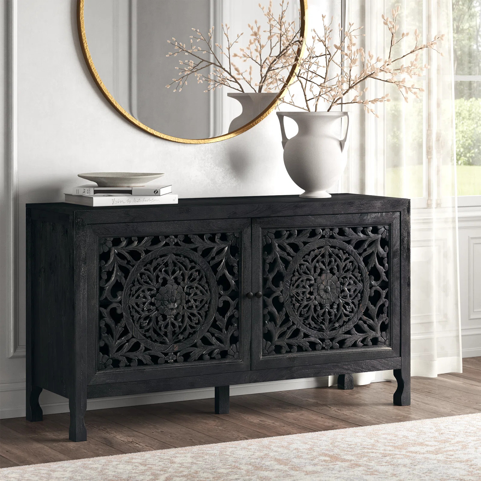 Kelly Clarkson Home Josiah 60" Solid Wood Carved Two Door Two Shelf Sideboard Cabinet & Reviews |... | Wayfair North America
