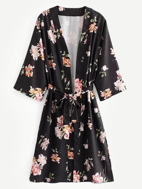 Allover Florals Self Tie Kimono | SHEIN