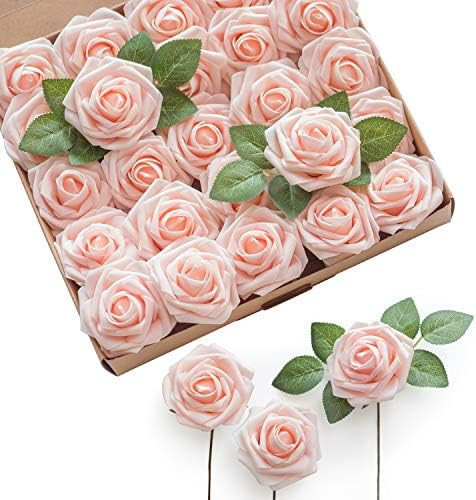 Ling's moment Artificial Flowers Blush Roses 25pcs Real Looking Fake Roses w/Stem for DIY Wedding Bo | Amazon (US)