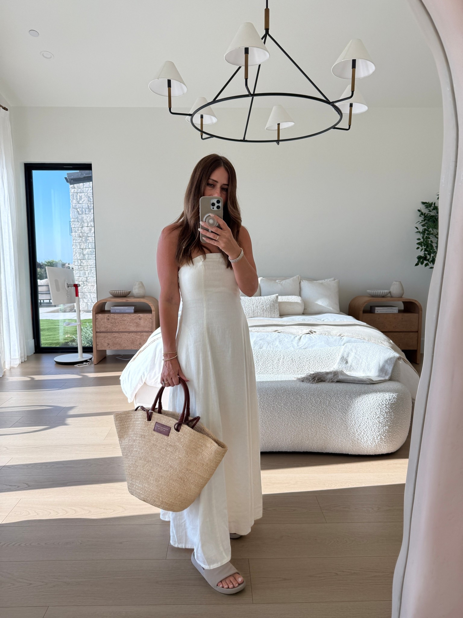 Strapless white dress and sezane raffia natural basket bag and white strapless dresss
